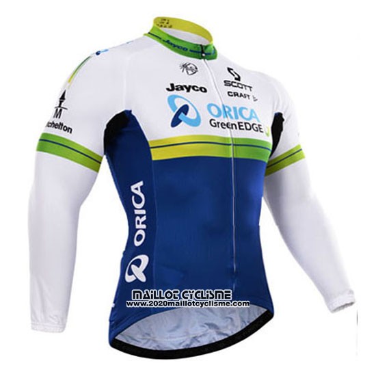2015 Maillot Ciclismo Orica GreenEDGE Bleu et Blanc Manches Longues et Cuissard